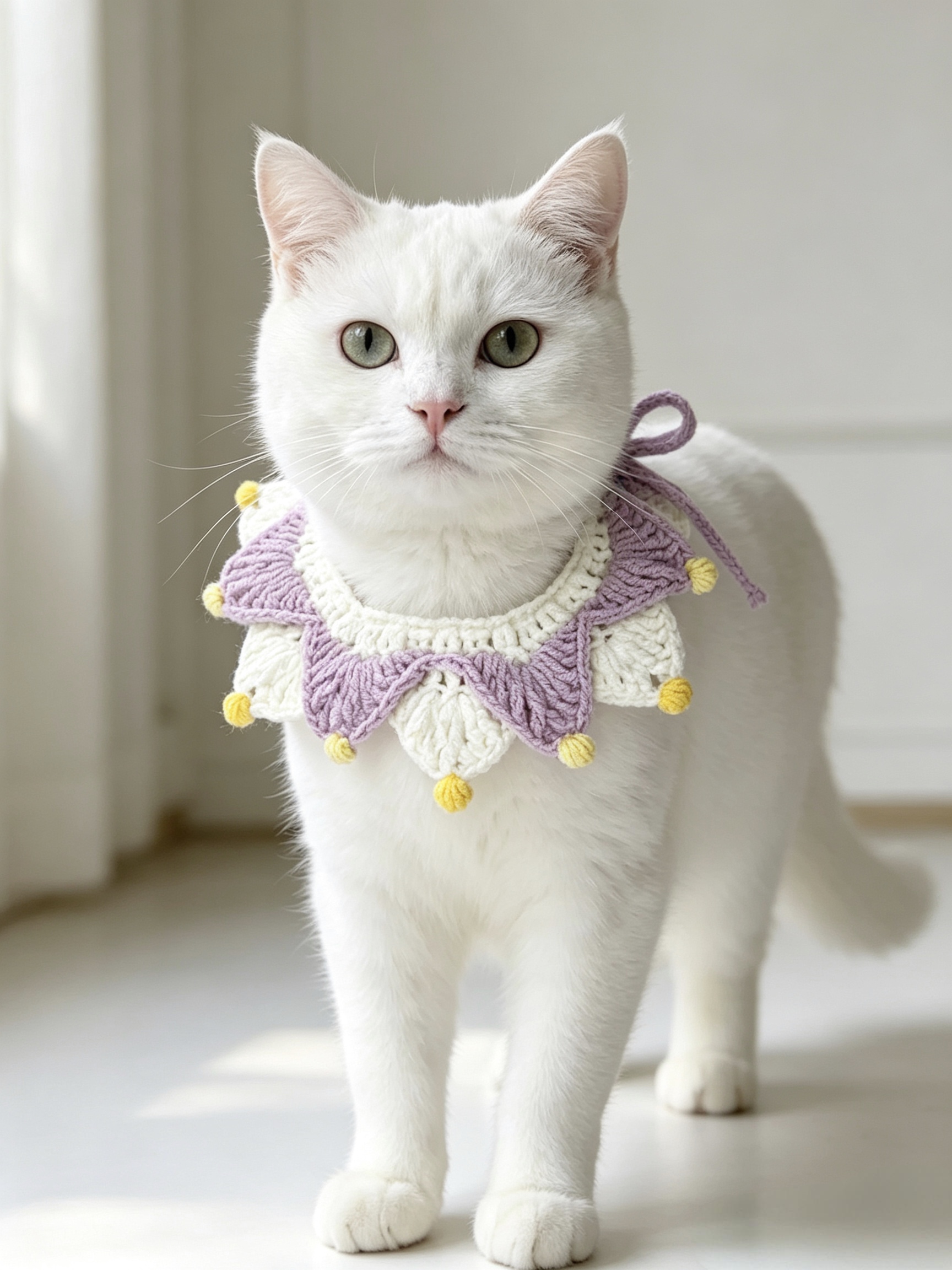 Púrpura blanco girasol crochet collar para mascotas con cordones de bola amarilla para gatos perro foto cuello de circunferencia correa de cuello ajustable