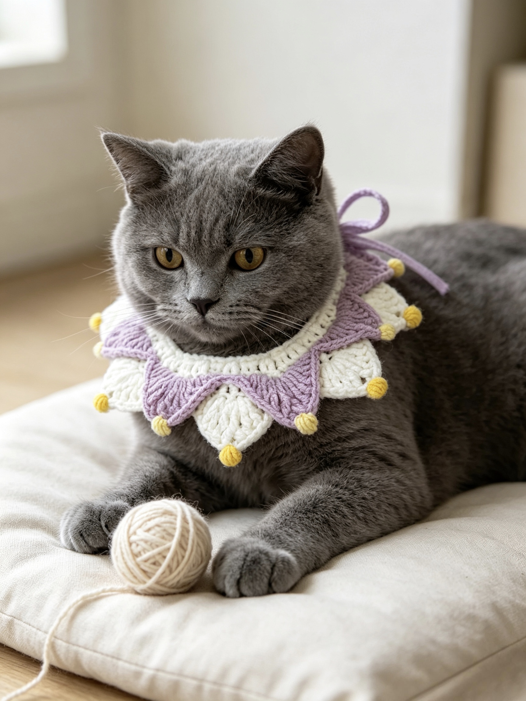 Púrpura blanco girasol crochet collar para mascotas con cordones de bola amarilla para gatos perro foto cuello de circunferencia correa de cuello ajustable Specification image