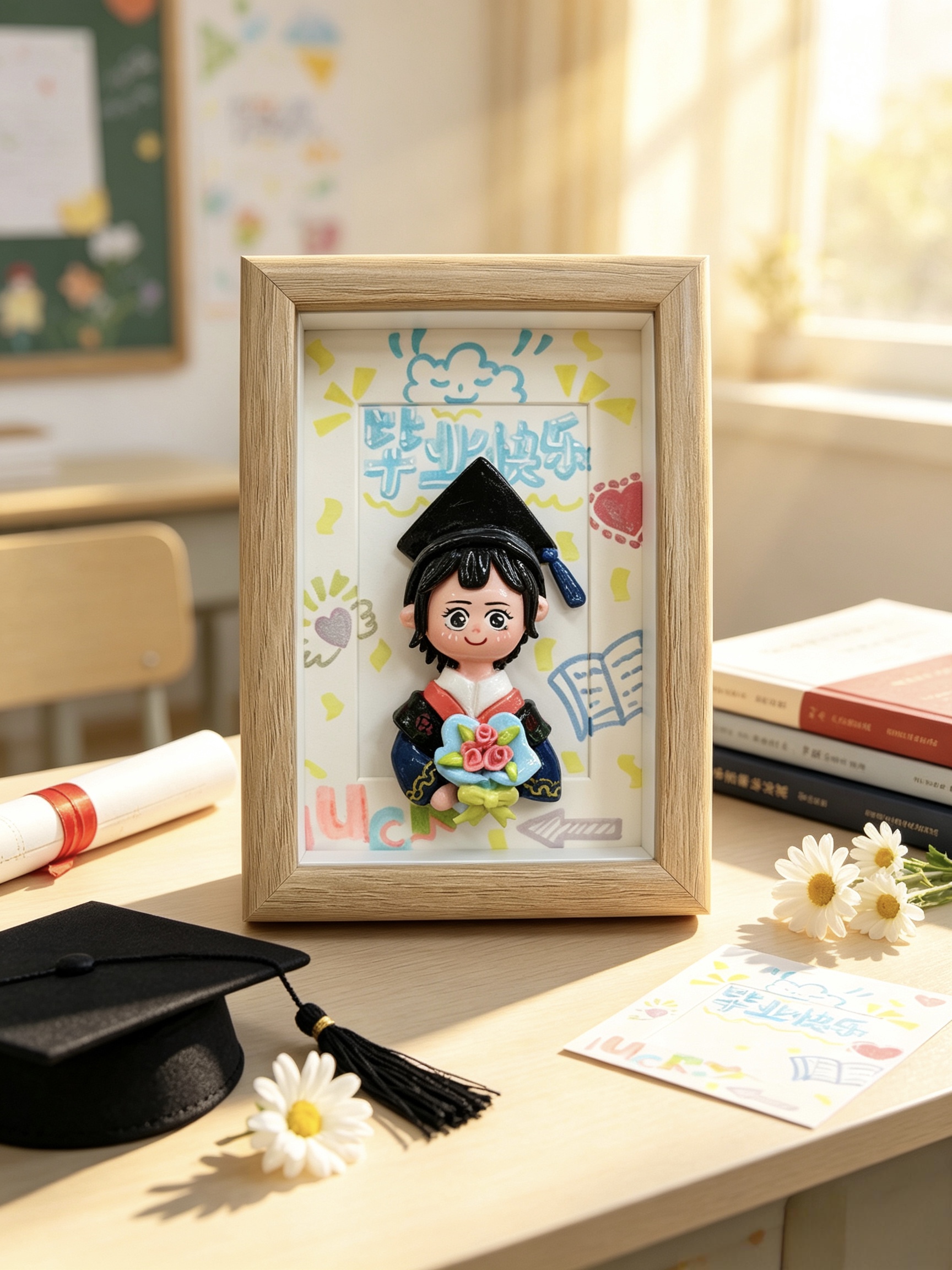 Piedra plástica arcilla retrato sólido marco de foto de graduación regalo de graduación personalizado figura en relieve hecho a mano mesa de oscilación conmemorativa