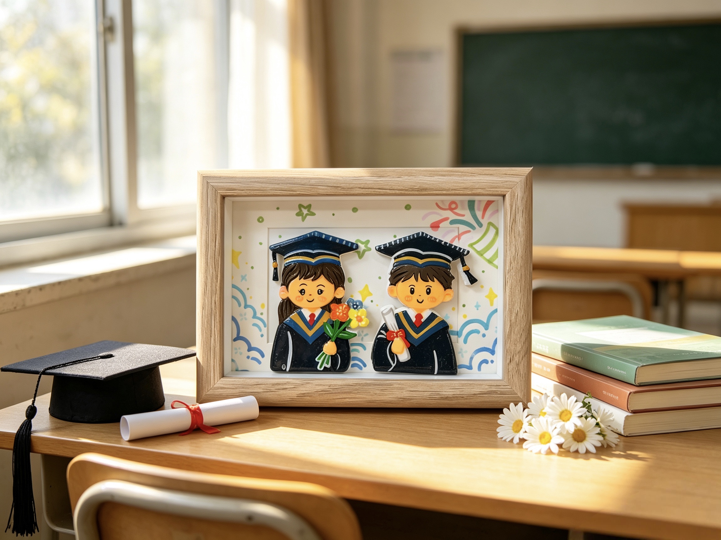 Doble piedra plástico arcilla tridimensional retrato de graduación marco de foto personalizado pareja compañeros de clase graduación memorial mesa de swing manual details Picture