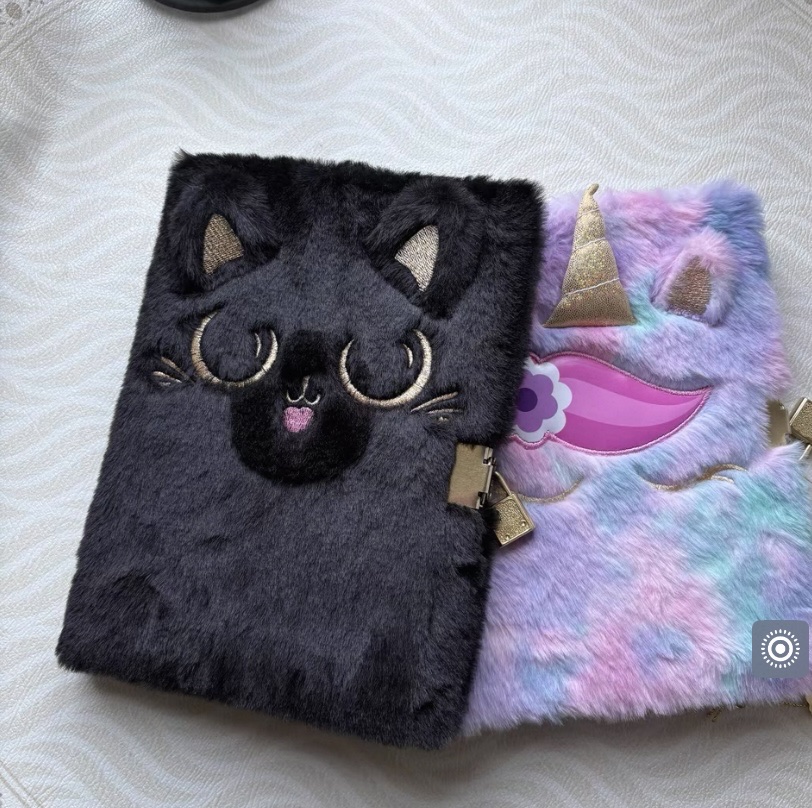 Black cat unicorn, fluffy and locked diary, unicorn cartoon notebook, girl student's handbook