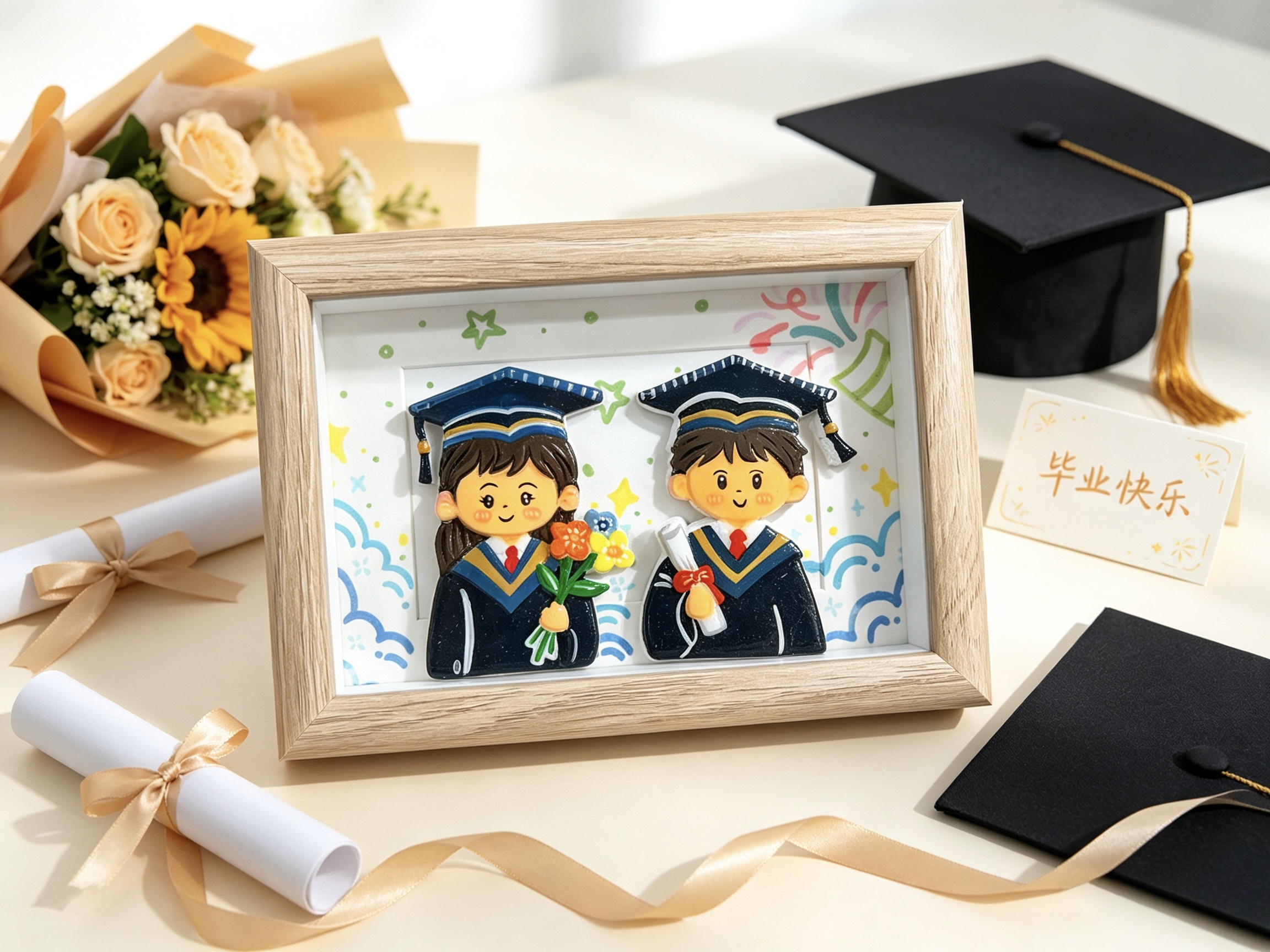 Doble piedra plástico arcilla tridimensional retrato de graduación marco de foto personalizado pareja compañeros de clase graduación memorial mesa de swing manual Specification image