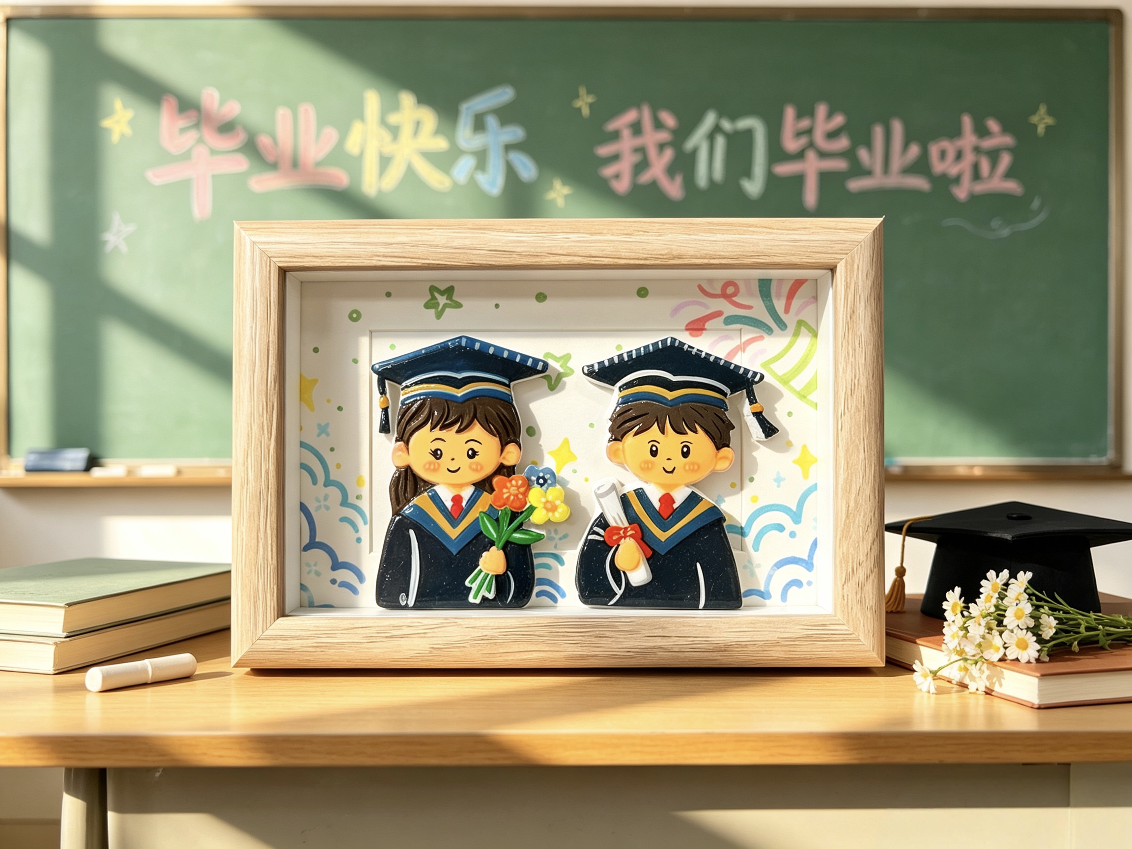 Doble piedra plástico arcilla tridimensional retrato de graduación marco de foto personalizado pareja compañeros de clase graduación memorial mesa de swing manual
