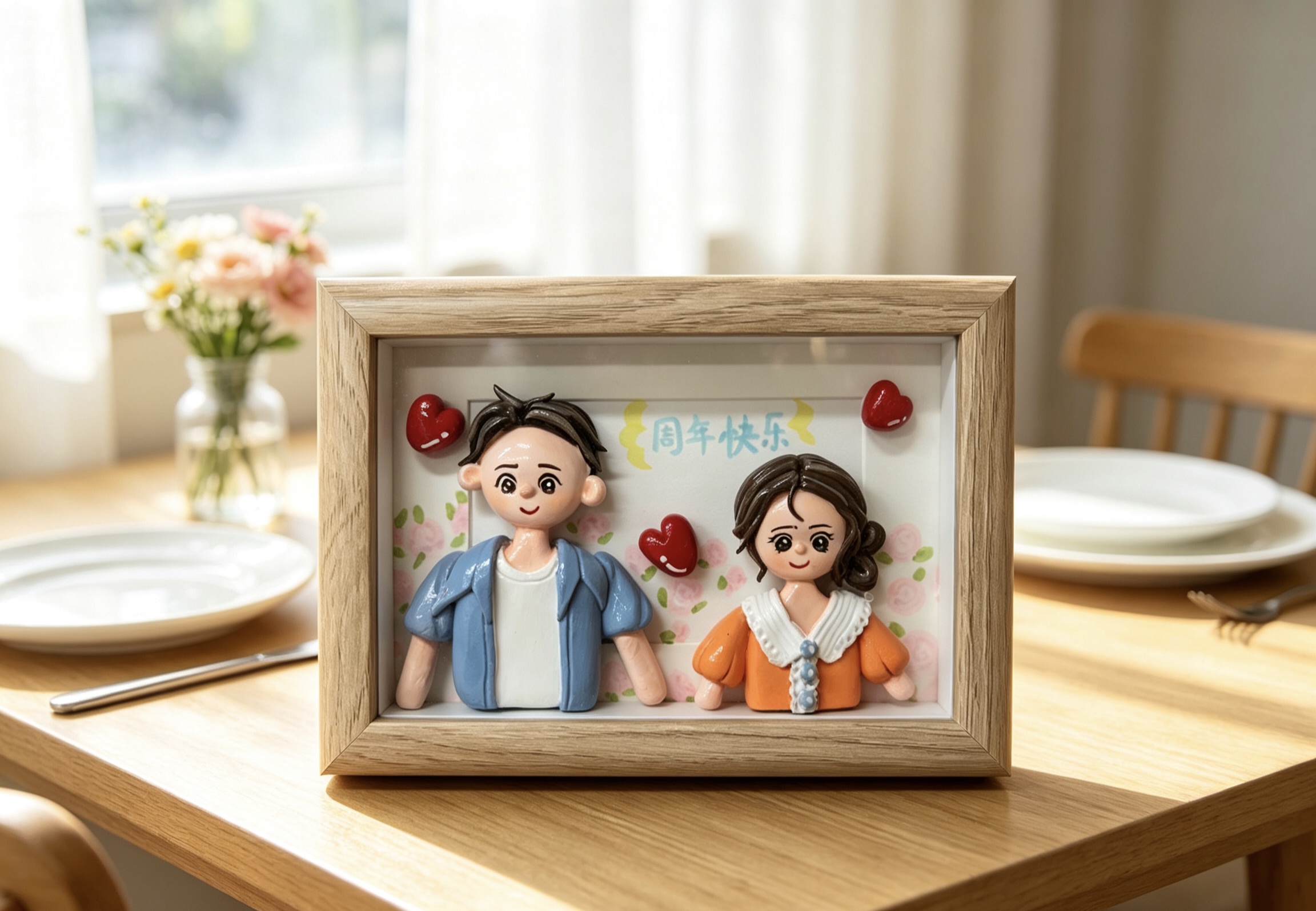 💛 Anniversary gift: handcrafted soft clay couple photo frame, capturing our appearance details Picture