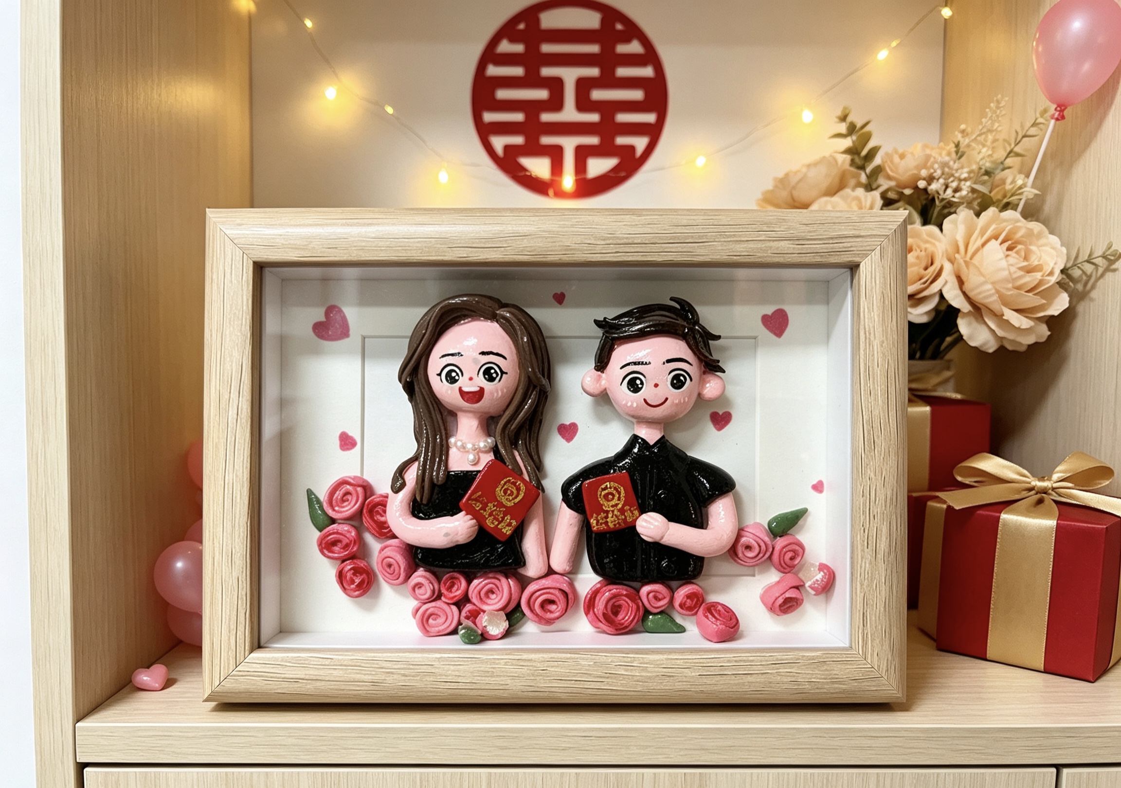 High-end handcrafted soft clay photo frame - a couple's doll gift that captures the moment of getting married