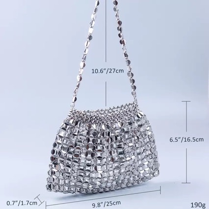 الخرز الفضي الذهبي الذهبي اللامع بلون بلمعان، وحقائب يد اليد من الزلابية الكبيرة Specification image