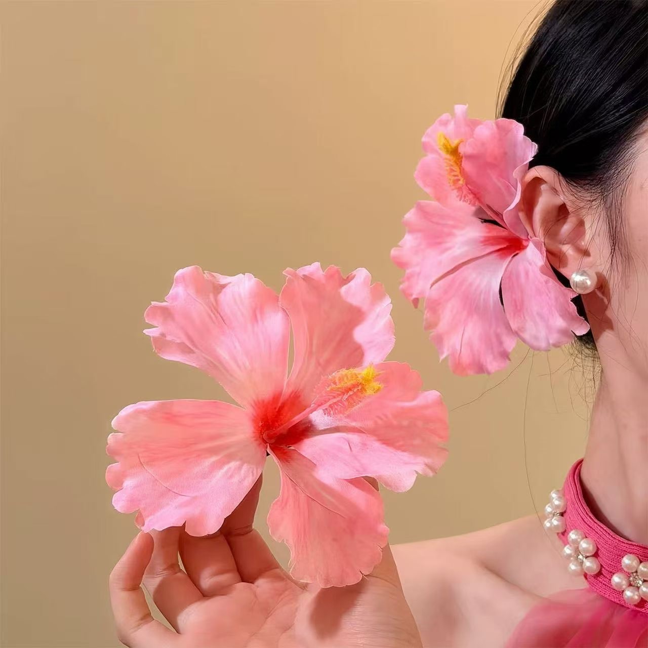 扶桑花发夹外贸仿真大花朵侧边夹度假拍照头饰女产品图