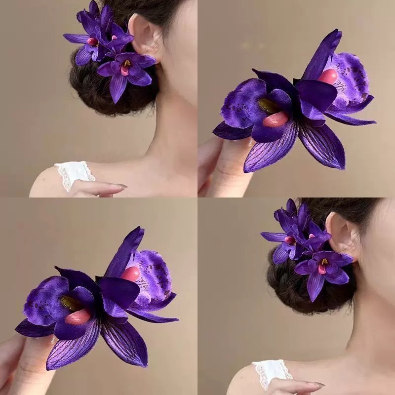 跨境仿真蕙兰花边夹春夏度假发饰波西米亚发卡海边沙滩头花朵发夹发卡详情图9
