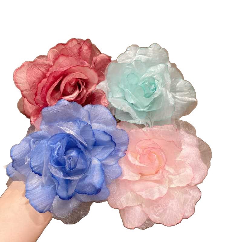 Large, super fairy-like rose lace clip with gradient color three-dimensional silk gauze fabric flower hairpin, creating an atmosphere for a seaside trip photo details Picture