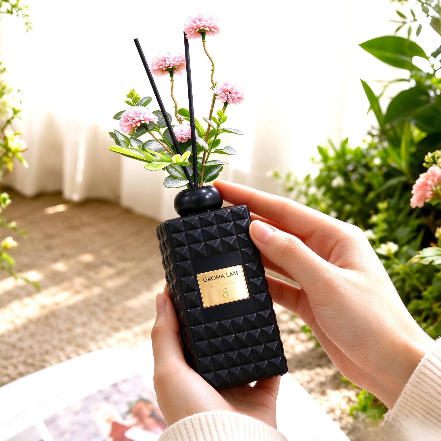 العطور الكبيرة الحجم والمتقدمة مع مزخرفة بقطعة من الفانيليا من أزهار التسوبيشي المحفوظة باللون الزهري Specification image