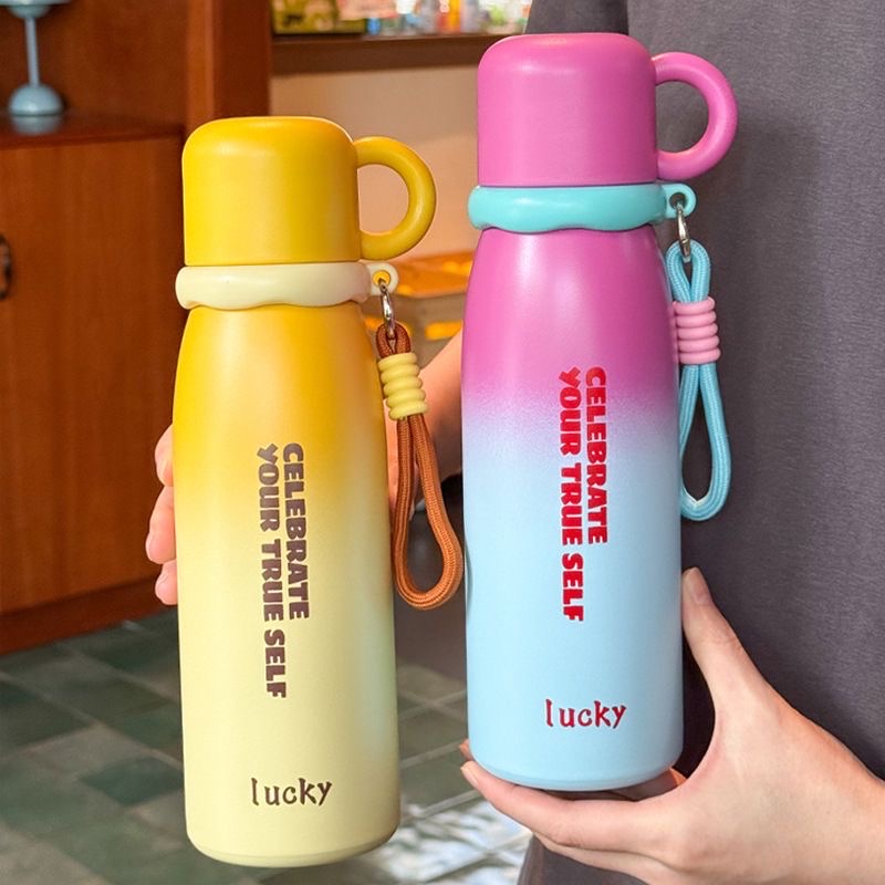 High appearance level gradient insulated cup, one cup for three drinks, girls' straw water cup, portable large-capacity student stainless steel cup details Picture