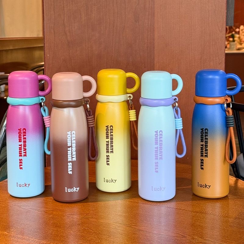 High appearance level gradient insulated cup, one cup for three drinks, girls' straw water cup, portable large-capacity student stainless steel cup