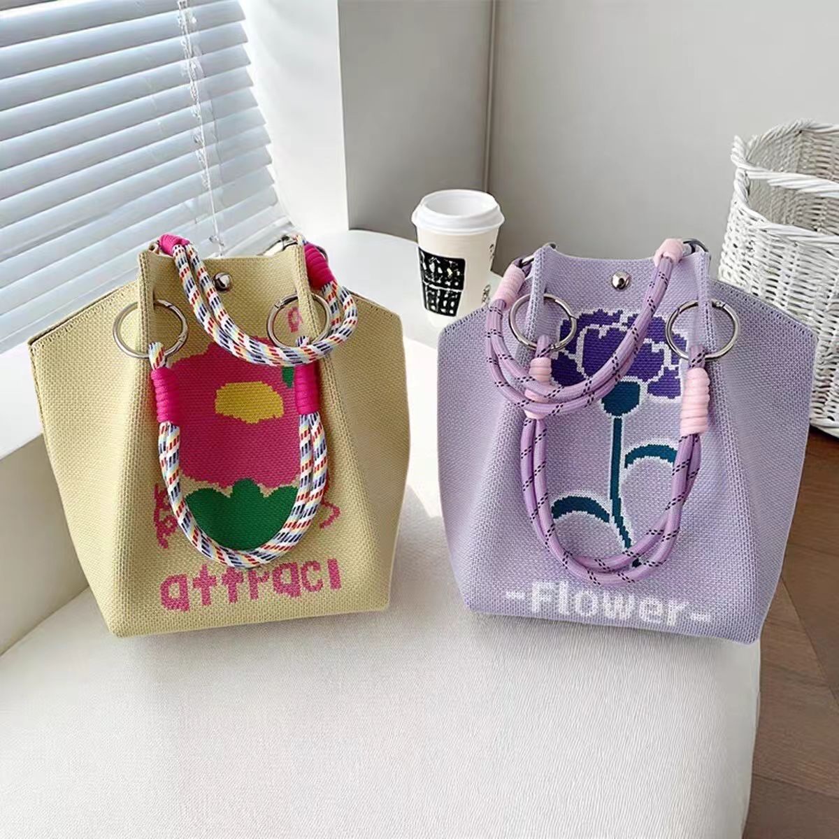Knitted colored rope handbag, fashionable ladies' handbag, single-shoulder bag, casual crossbody bag, multi-functional and versatile bag, trendy new style