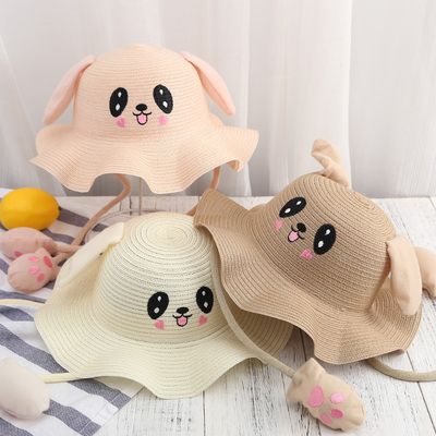 抖音同款会动的兔子耳朵草帽儿童小孩可爱渔夫帽宝宝夏天遮阳帽