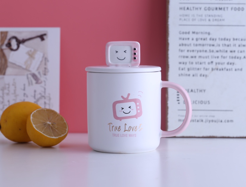 Instagram creative ceramic cup web celebrity cute water cup with cover spoon pink mug student cup coffee cup thumbnail
