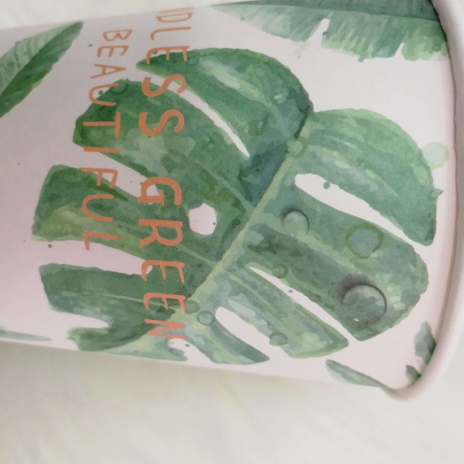 Hand holding green leaf paper cup against blurred garden background