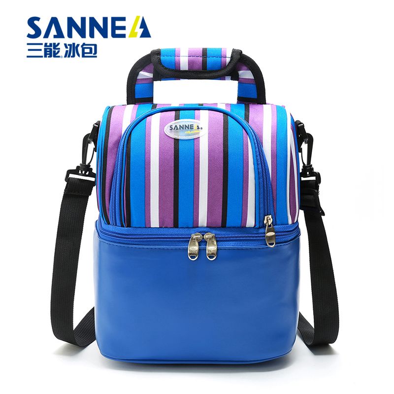 Wholesale of SAN Neng's new waterproof and insulated bags, striped hand-held double-layer picnic bags, and multi-color fresh-keeping and cold-preserving bento bags details Picture