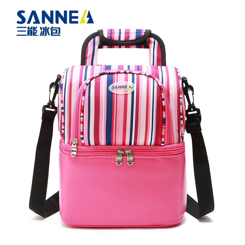 Wholesale of SAN Neng's new waterproof and insulated bags, striped hand-held double-layer picnic bags, and multi-color fresh-keeping and cold-preserving bento bags Specification image