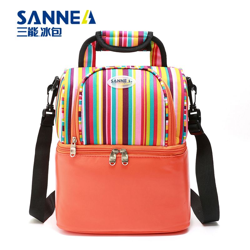 三能新款防水保温包 条纹手提双层野餐包 多色保鲜保冷便当包批发