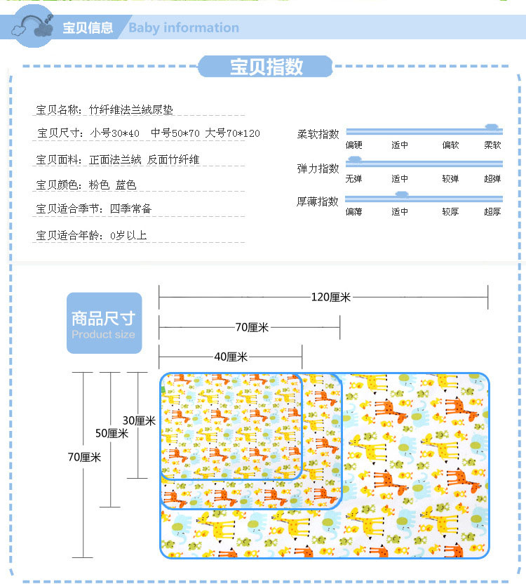 竹纤维法兰绒婴儿防水透气可洗双面大号隔尿垫月经垫70*120详情图1