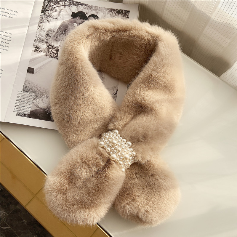 Network Red Korean Version Winter Warm Winter New Plush Cross Pearl Scarf Women's Scarf undefined