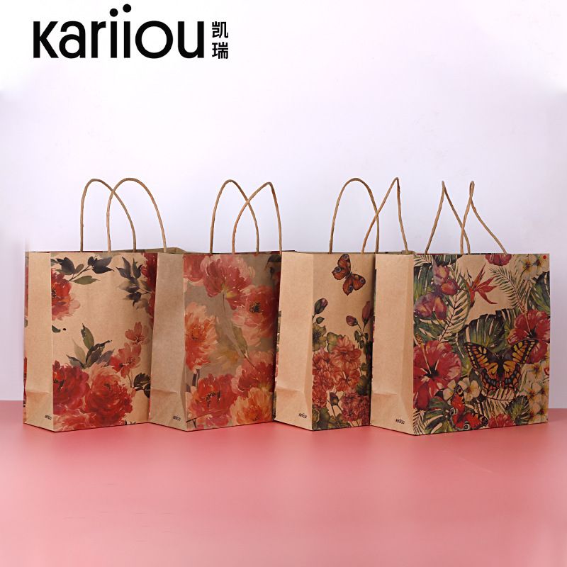 黄牛皮花草礼品袋 服装化妆品购物袋纸袋横带
