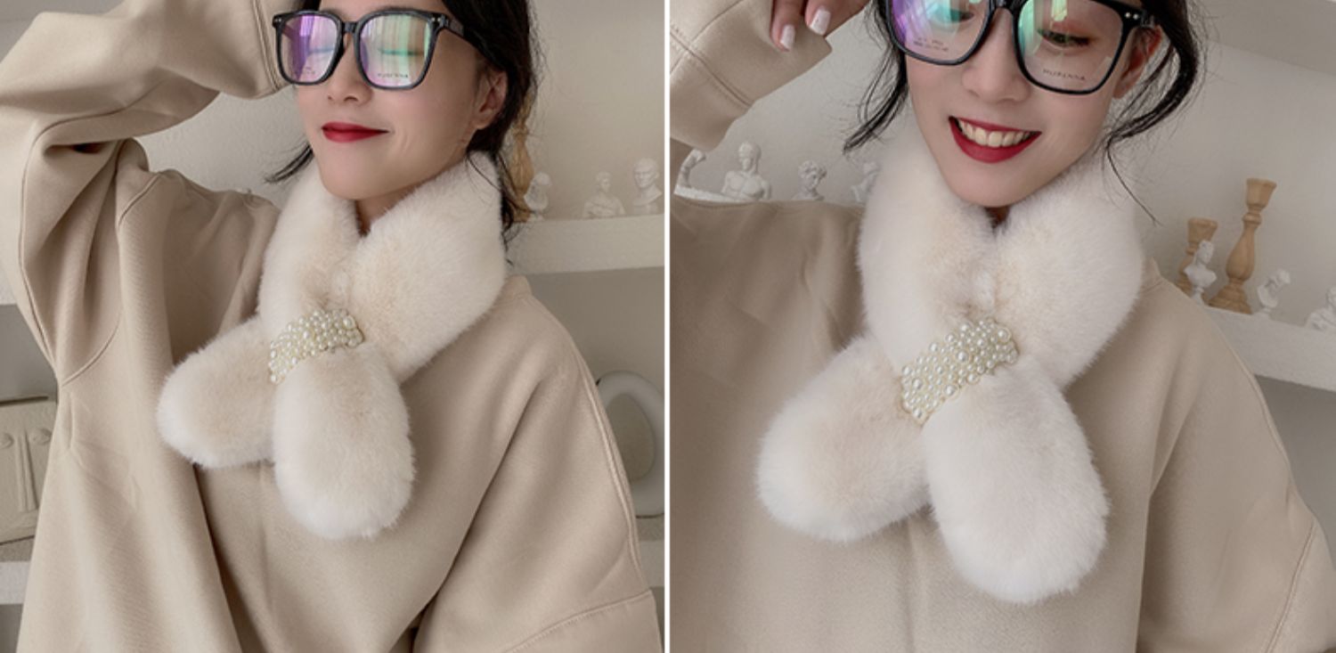 Network Red Korean Version Winter Warm Winter New Plush Cross Pearl Scarf Women's Scarf Specification drawing