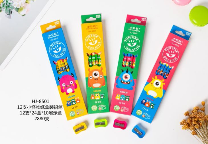 Yiwu Good Goods Little Pine Tree 12 Little Monster Paper Box Pencils for Students HB Wholesale Drawing and Writing HJ8501