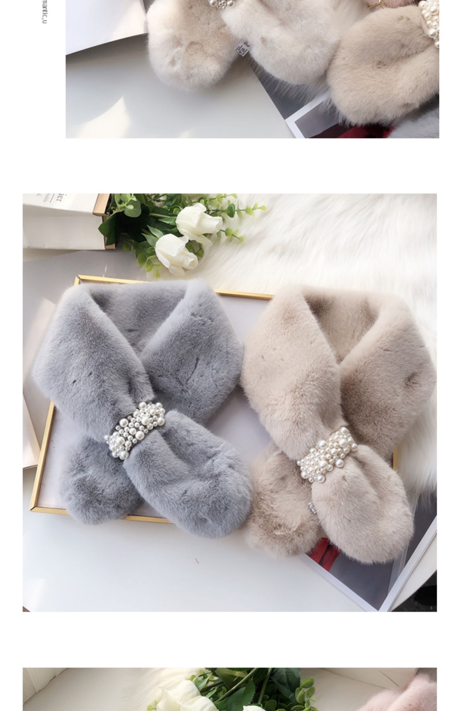 Network Red Korean Version Winter Warm Winter New Plush Cross Pearl Scarf Women's Scarf undefined