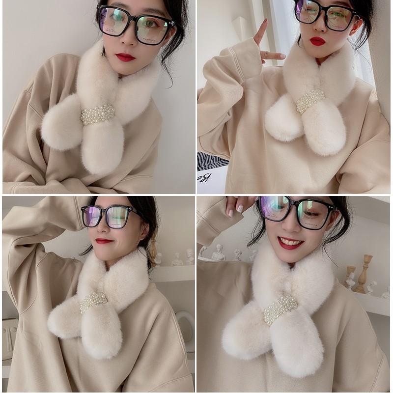 Network Red Korean Version Winter Warm Winter New Plush Cross Pearl Scarf Women's Scarf Application Scenario