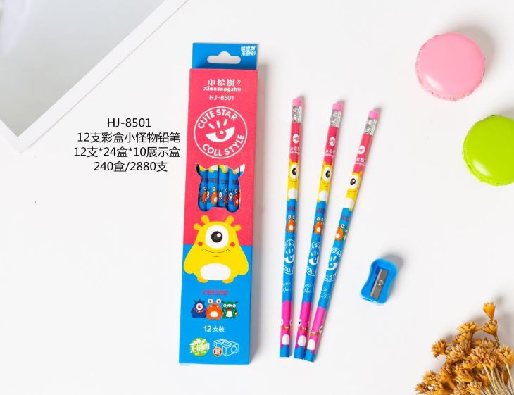 Yiwu Good Goods Little Pine Tree 12 Little Monster Paper Box Pencils for Students HB Wholesale Drawing and Writing HJ8501 Specification image