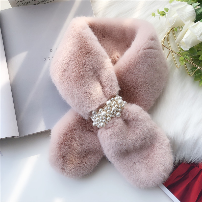 Network Red Korean Version Winter Warm Winter New Plush Cross Pearl Scarf Women's Scarf undefined