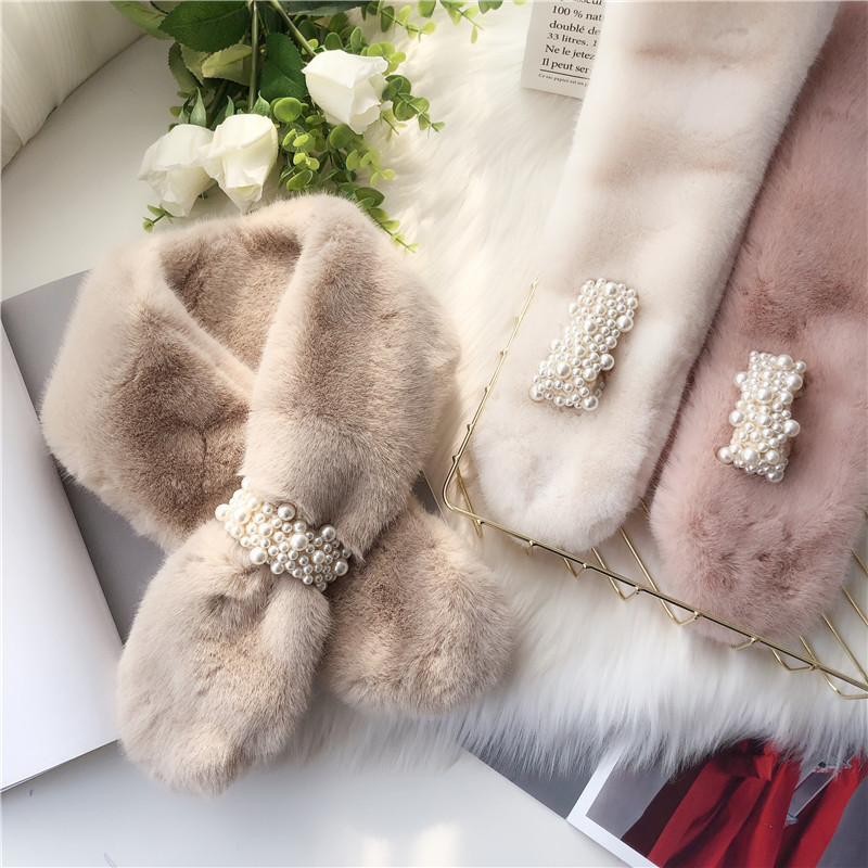 Network Red Korean Version Winter Warm Winter New Plush Cross Pearl Scarf Women's Scarf undefined