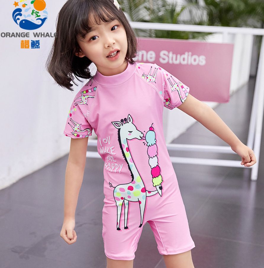 Giraffe girls one-piece long sleeve pink fawn girls with a hat hot spring bathing suit