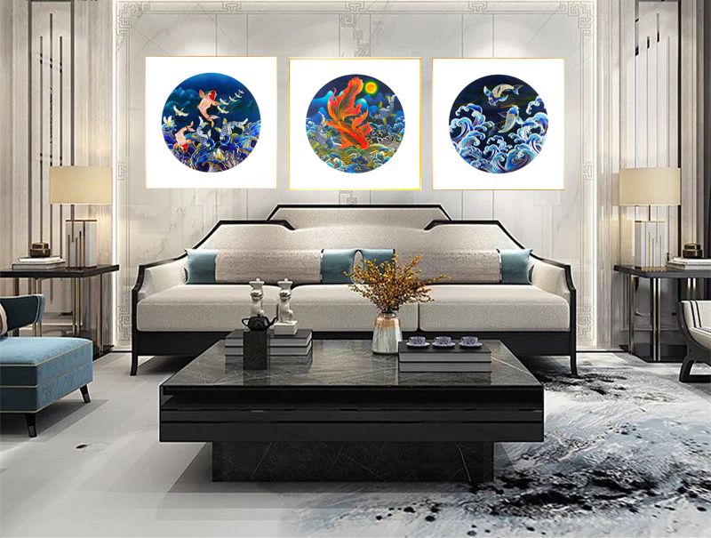 New Chinese style light luxury decorative painting living room dining room sofa background wall painting hanging painting colorful carving fish jump ABC-77*77 thumbnail
