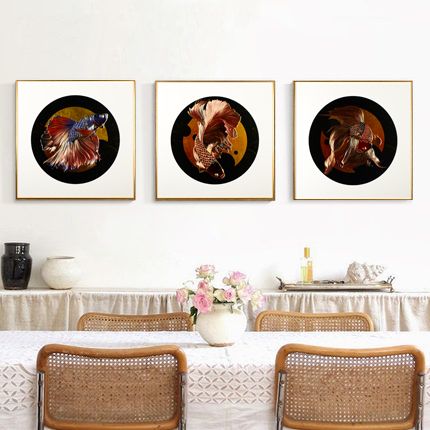 New Chinese style light luxury decorative painting living room dining room sofa background wall painting hanging painting painted carvings red tail goldfish ABC-77*77 thumbnail