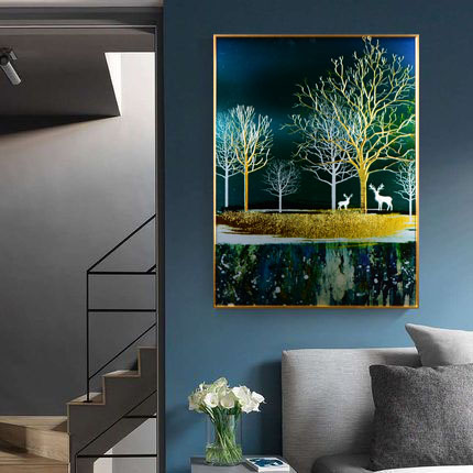 Light luxury decorative painting living room dining room sofa background wall painting hanging painting color carving Elk night forest -60*80 thumbnail