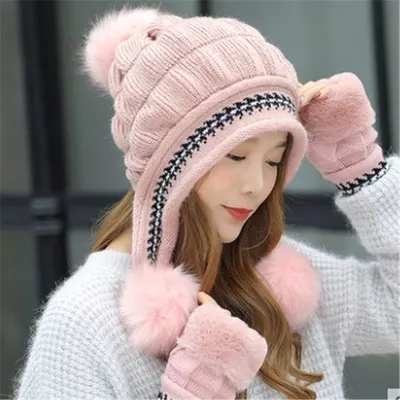 Yiwu Selection, wool fall and winter ear protection half finger thickened with wool knitted cap sweet warm rabbit hair lovely day system thumbnail