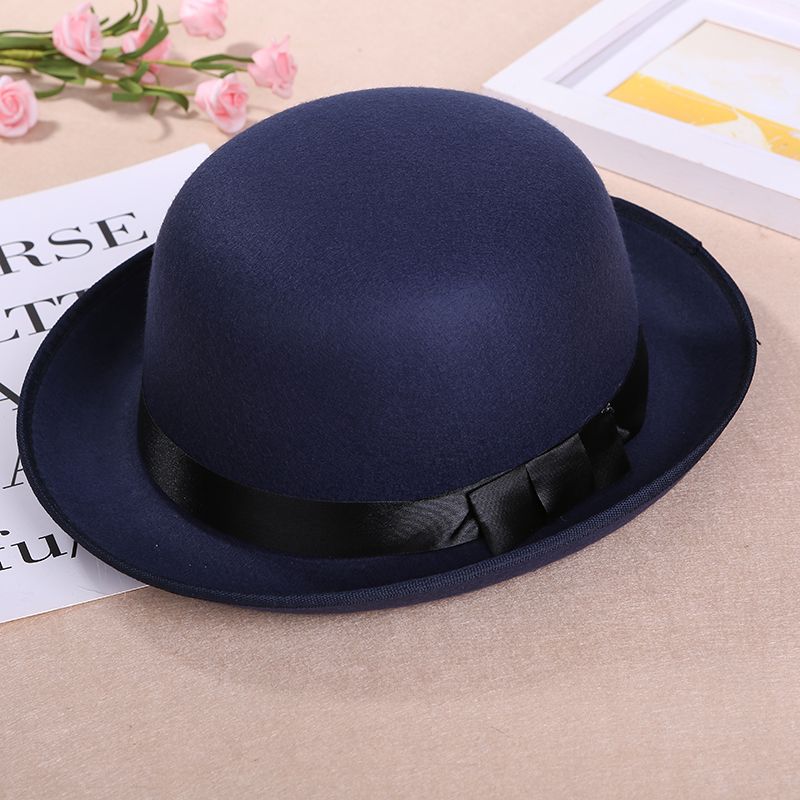 Navy blue bowl-brimmed hat retro British bowl-brimmed narrow brim woolen top hat Autumn winter male and female gentleman Korean butterfly elegant top hat thumbnail