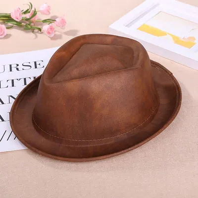 Flat top brown hat sunshade hat autumn and winter British gentleman fashion all match faux leather Tibetan felt hat sunshade pu thumbnail