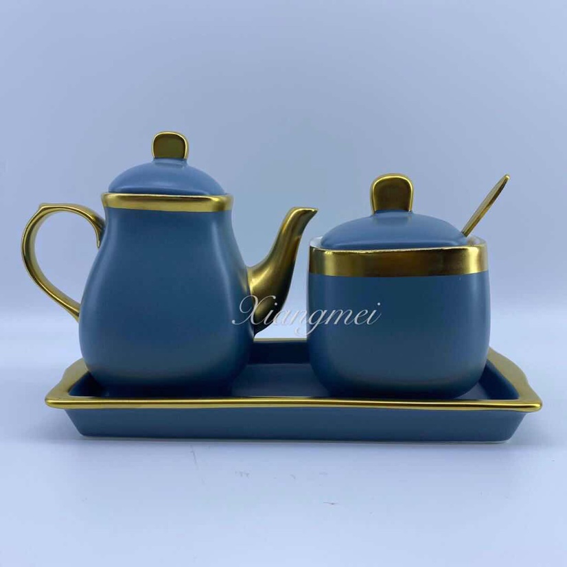 Q037-2-J05 High-end ceramic colored glaze gold-plated 2-piece seasoning jars, 24 sets per box