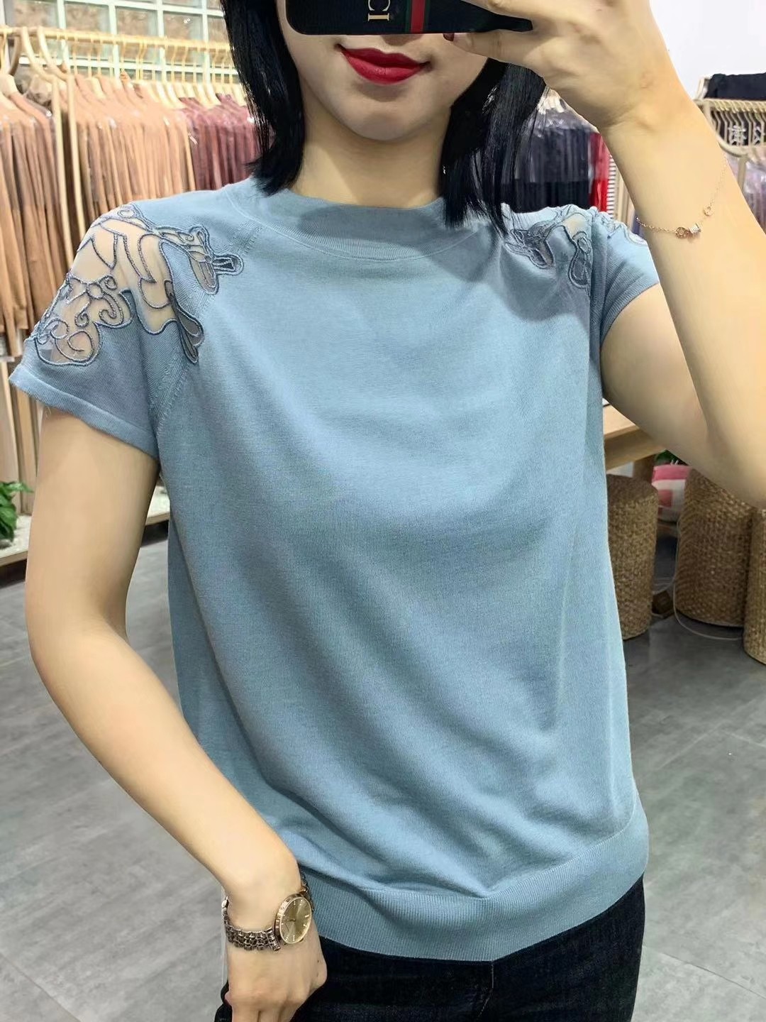 Fine Wool Short Sleeve in Navy Blue