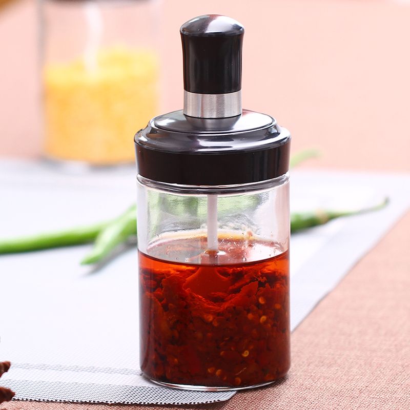 艾美诺玻璃调味盒带勺调料瓶密封固液调味瓶番茄酱瓶调料盒调味罐白底实物图