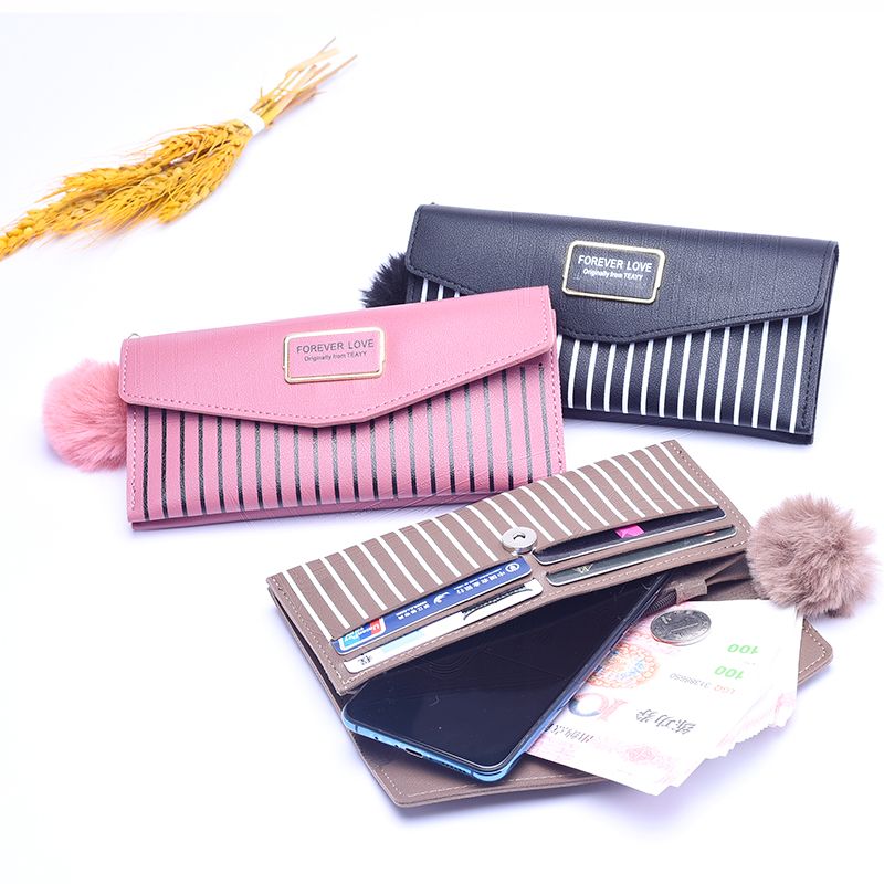 New women's long wallet in Korean style, simple and versatile, with a hairball, 20% off, multi-functional and multi-slot Item Picture