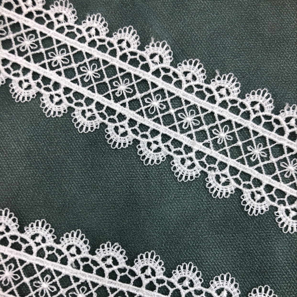 Water-soluble embroidered lace for trousers and clothing accessories Application Scenario