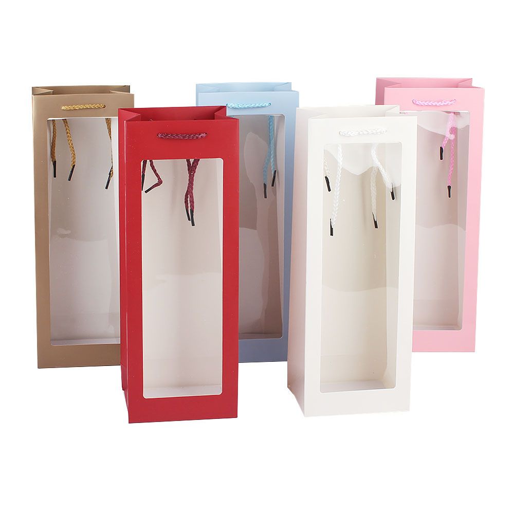 热销高档PVC开窗6色红酒酒袋礼品袋单支葡萄酒白卡纸手提袋可定制