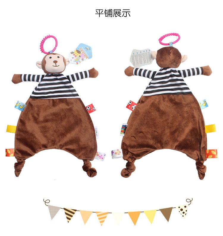 新生儿卡通动物安抚巾带摇铃彩色标签兔子猴子玩偶安抚玩具详情图10