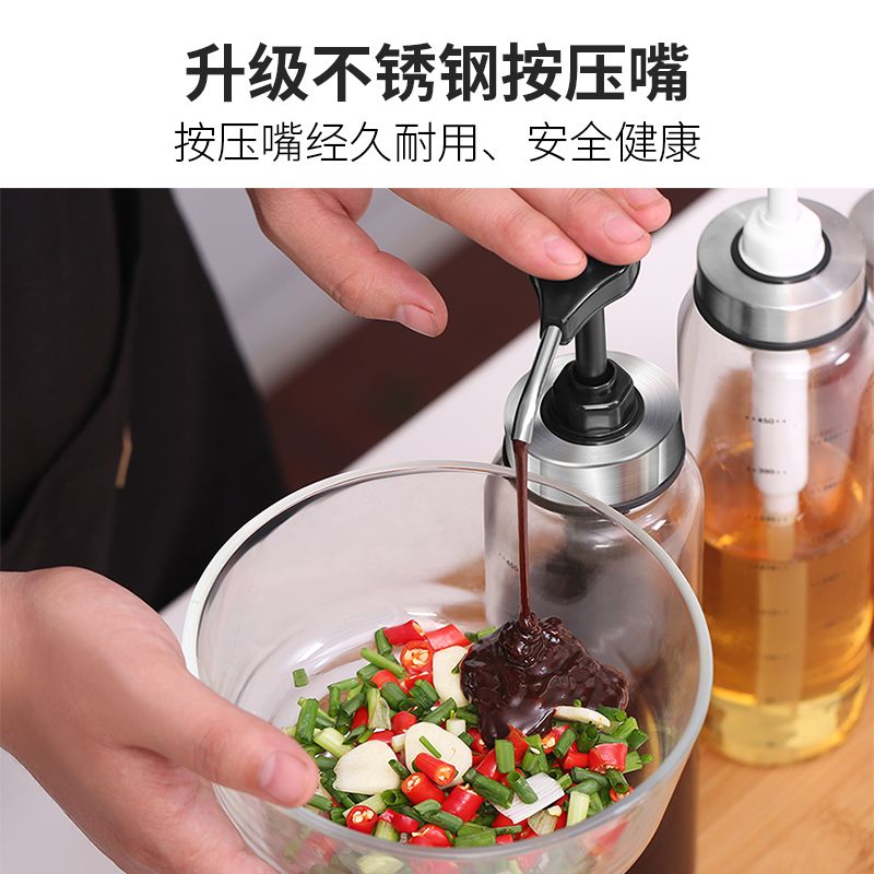 Wholesale of Ameno pump head quantitative honey oyster sauce press-type oil pot, large press-nozzle glass sauce squeezing bottle Specification image