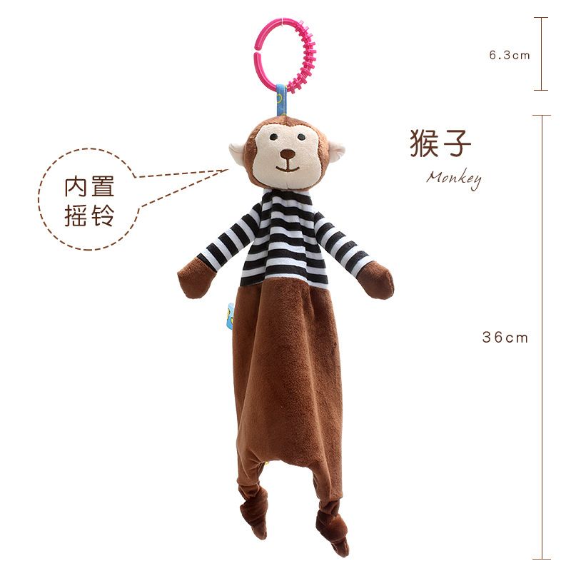 新生儿卡通动物安抚巾带摇铃彩色标签兔子猴子玩偶安抚玩具详情图7