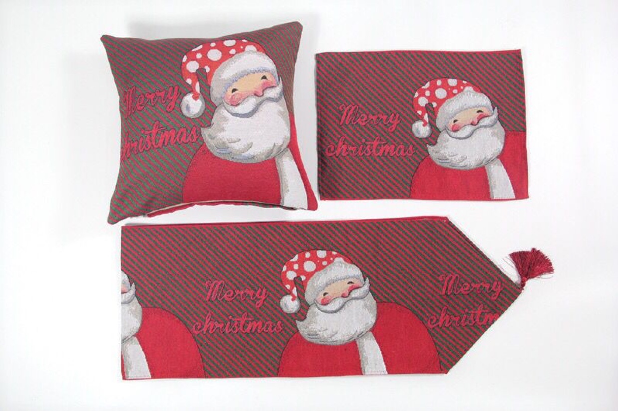 Festive Christmas Pillow and Table Flag Placemat Set on a Decorated Dining Table